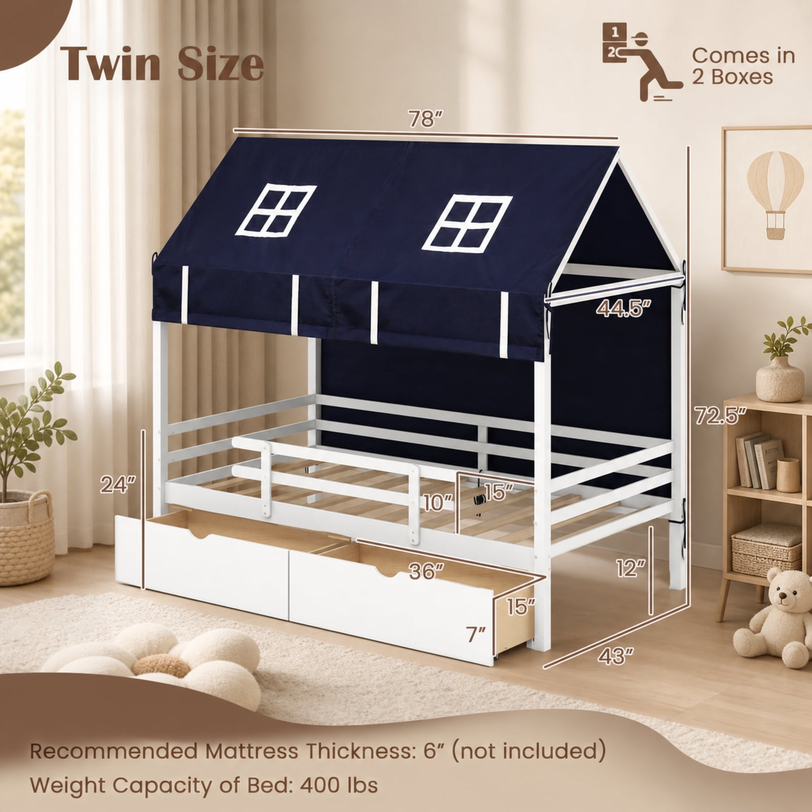 Furnibear Twin House Bed with Dustproof Tent 2 Large Storage Drawers Roll Up Curtains Rolling Casters Protective Fences and Solid Wood Frame, White