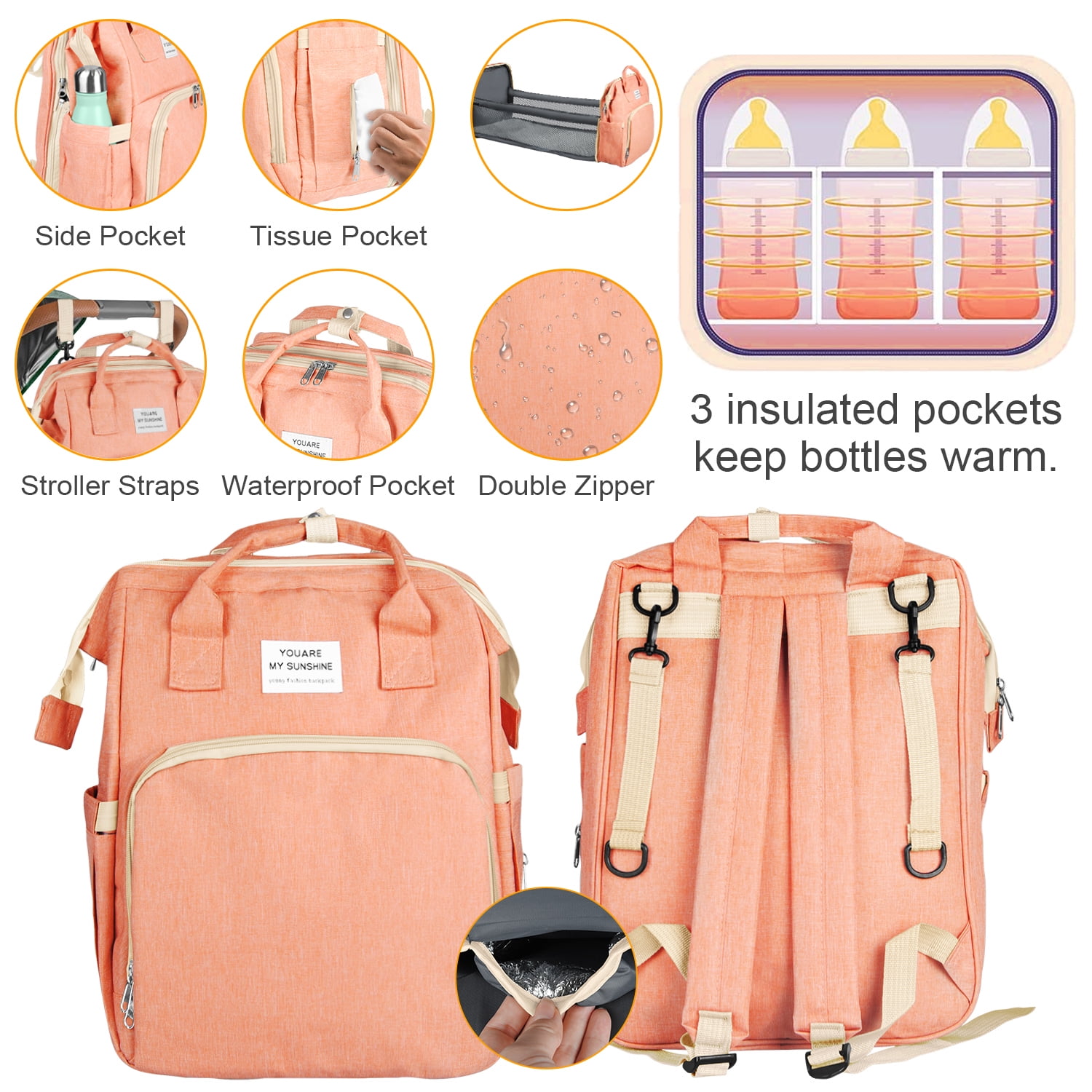 Diaper Bag Backpack,Multifunction Diaper Bag Backpack with Changing Station,Foldable Crib&Insulated Milk Bottle Pocket Large Capacity Baby Nappy Changing Bag Travel Backpack w/ Stroller Straps,Orange
