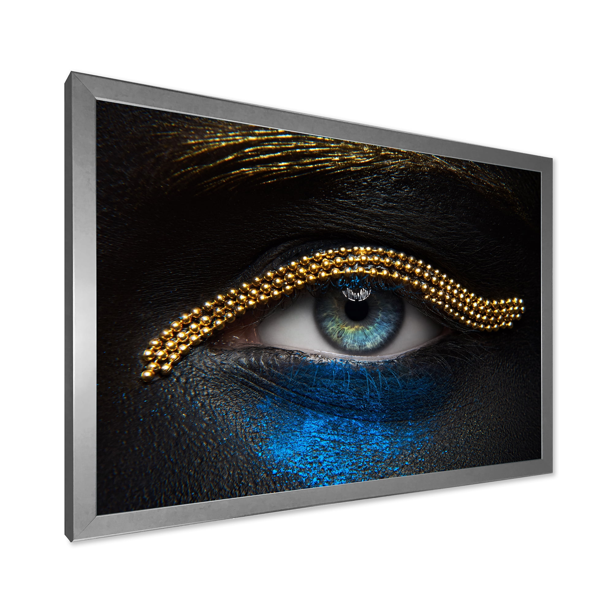Designart 'Girl Eyes With Gold Chain and Blue Pigment' Modern Framed Art Print