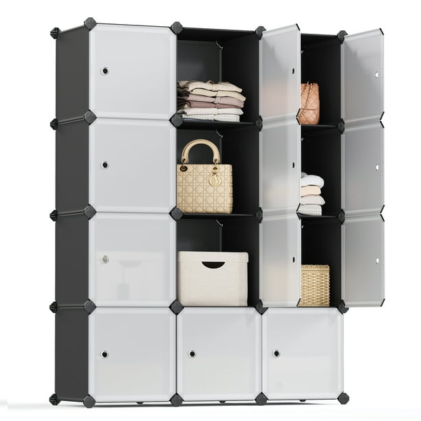 SONGMICS ULPC34HV1 - Juego de 12 Cubos de plástico, estantes de Almacenamiento para clóset, clóset de plástico, estantería Modular, estantería con Puertas para recámara, Sala de Estar, Blanco y Negro