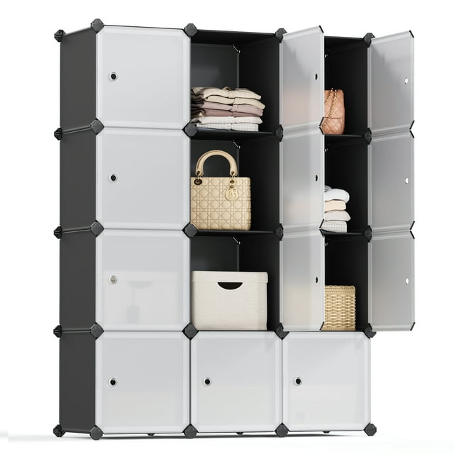 SONGMICS ULPC34HV1 - Juego de 12 Cubos de plástico, estantes de Almacenamiento para clóset, clóset de plástico, estantería Modular, estantería con Puertas para recámara, Sala de Estar, Blanco y Negro