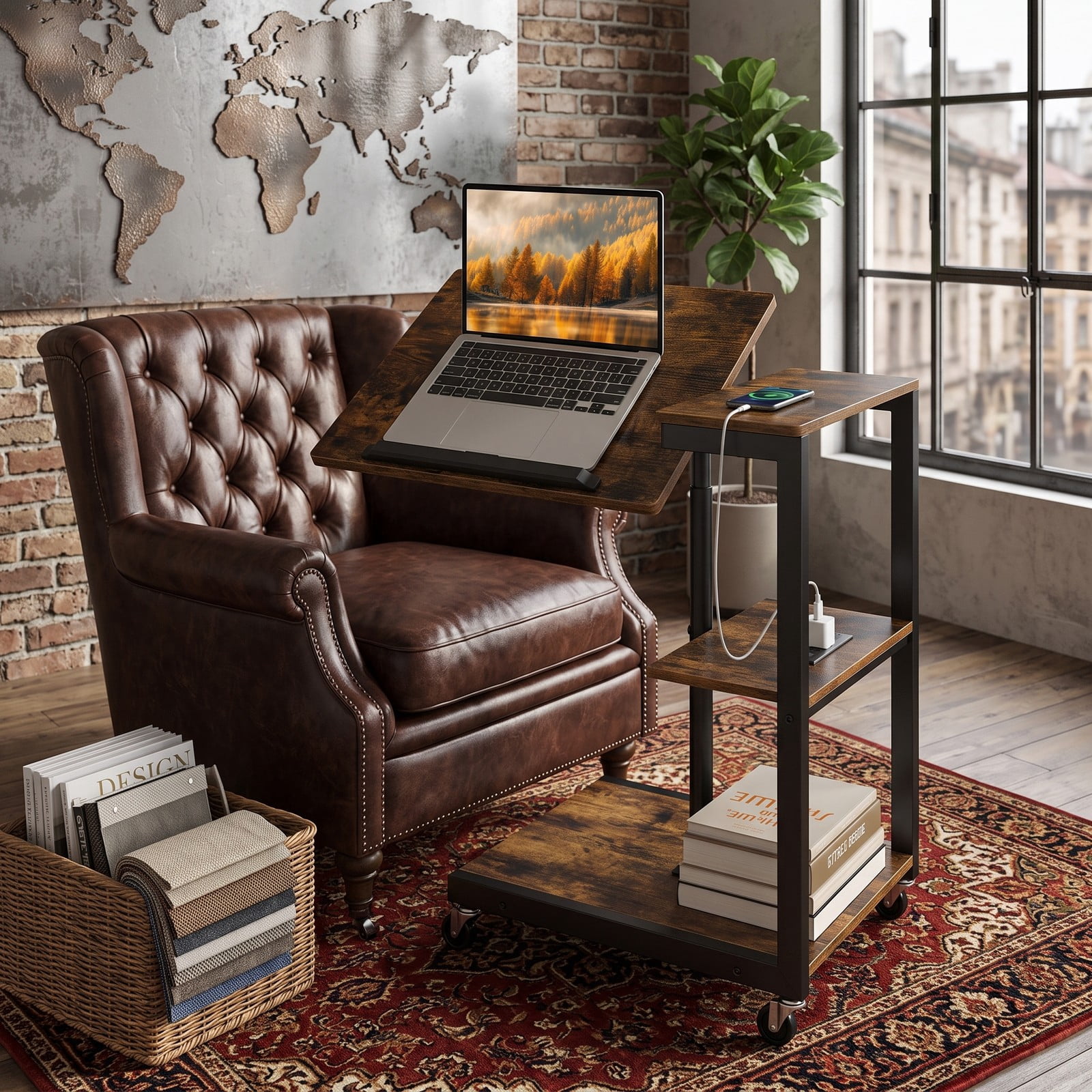 Furnibear 3-Tier Mobile Couch Side Table with Charging Station, Height Adjustable C-Shaped Sofa End Table with Tiltable Tabletop, 2 AC Outlets, Rustic Brown & Black
