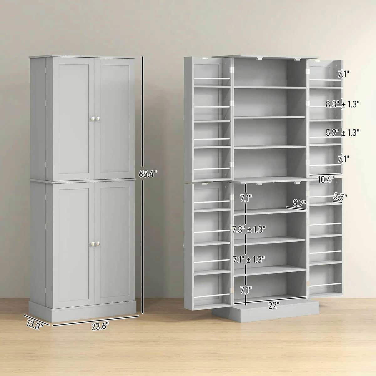 Spaco 65" Kitchen Cabinet, Kitchen Pantry Cabinet with 4 Doors and 16 Door Shelves, Storage Cabinet for Indoor as Dining Room, Gray