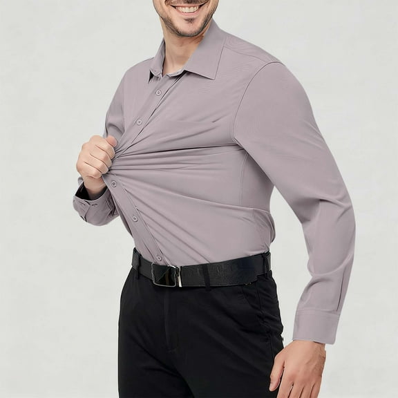Yusimy Men's Solid Wrinkle-Resistant Button-Down Shirt - Spread Collar Long Sleeve, Stretchy Non-Iron Draping Fabric, Business Casual Style for Office & Events
