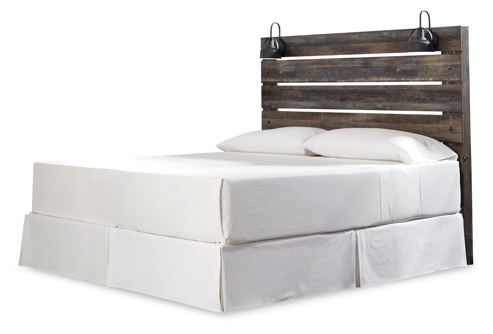 Signature Design by Ashley Drystan King Panel Headboard, Rustic Brown, Industrial Farmhouse Headboard with LED Lights and USB Charging