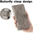 thumbnail image 4 of Étui Portefeuille pour iPhone TP max, Étui de Protection en Cuir PU à Rabat avec Sangle de Poignet et Fentes pour Cartes Support de Poche Embossé Papillon Fleur pour iPhone Gris, 4 of 7