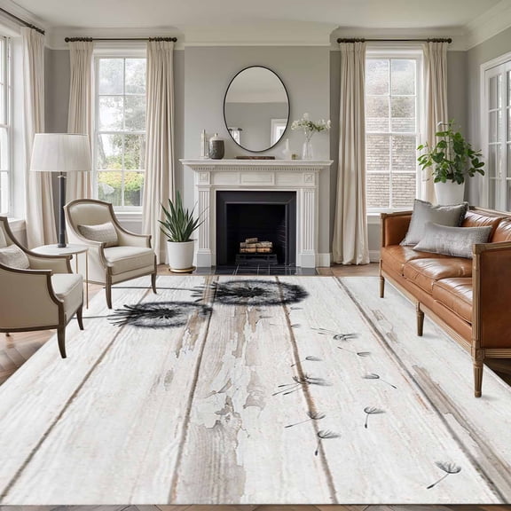 6x9 Area Rugs for Living Room, Dandelions Non Slip Area Rugs for Kitchen Bedroom Entryway, Vintage Blowball Farmhouse Art Botanical Wooden Washable Carpet Runner Rug Floor Mats for Bedroom