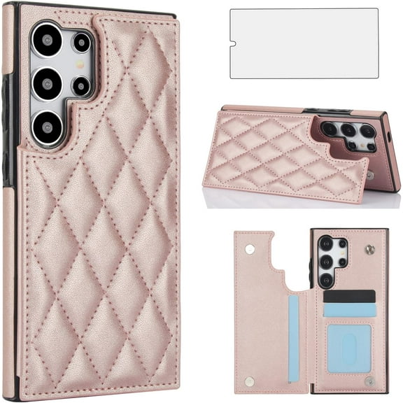 HCTian Phone Case for Samsung Galaxy S25 Ultra 5G Wallet Cover with Tempered Glass Screen Protector and Leather RFID Credit Card Holder Stand Cell S25Ultra 25S S 25 25Ultra 6.9 2025 Women Men