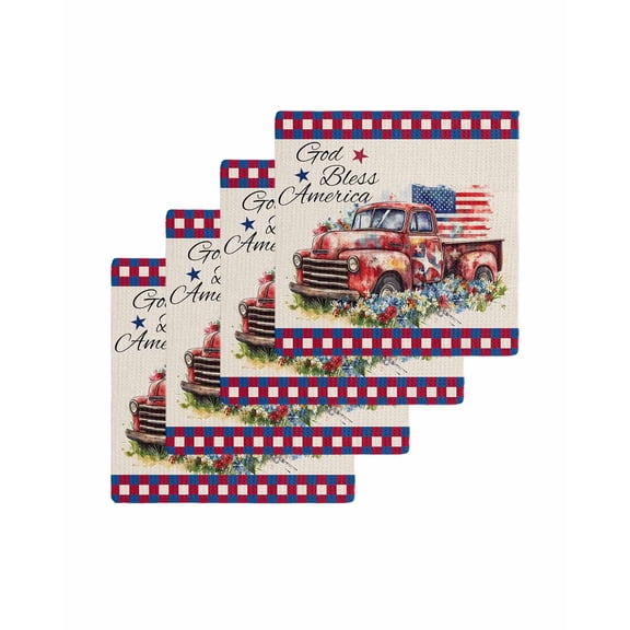4th of July Kitchen Dish Towels for Drying Dishes Set of 4, Independence Day Truck Red Blue Floral Waffle Weave Microfiber Terry Hand Tea Bathroom Towels Quick Dry & Absorbent Towel 12x12