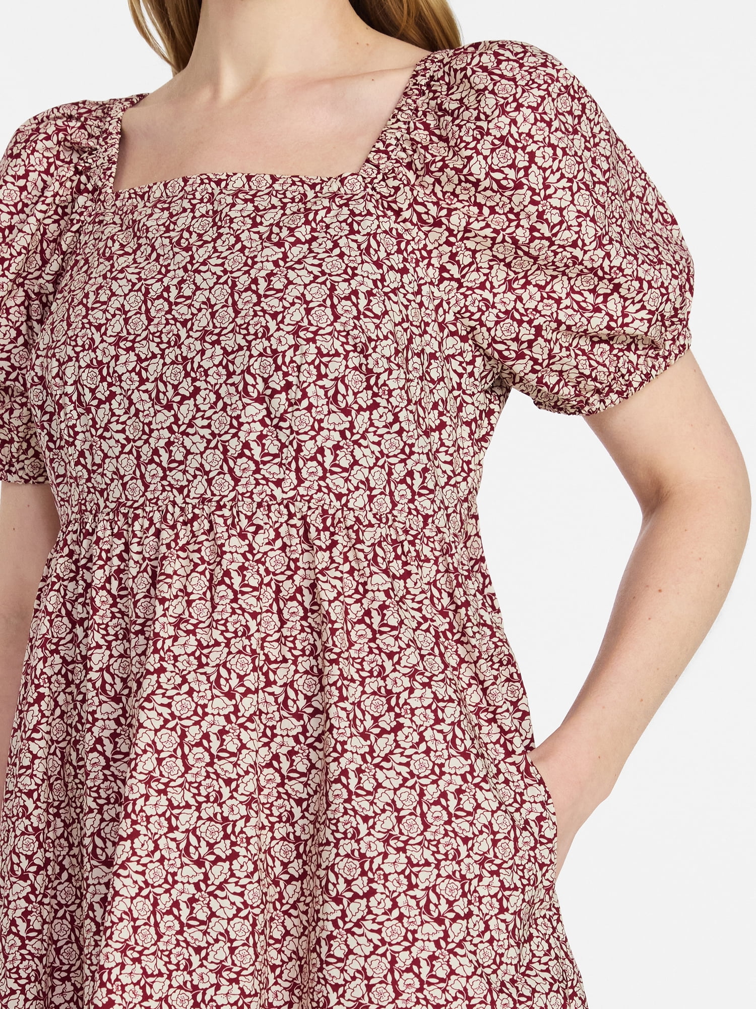 Time and Tru Women's and Women's Plus Cotton Back Tie Midi Dress with Short Puff Sleeves, Sizes XS-4X