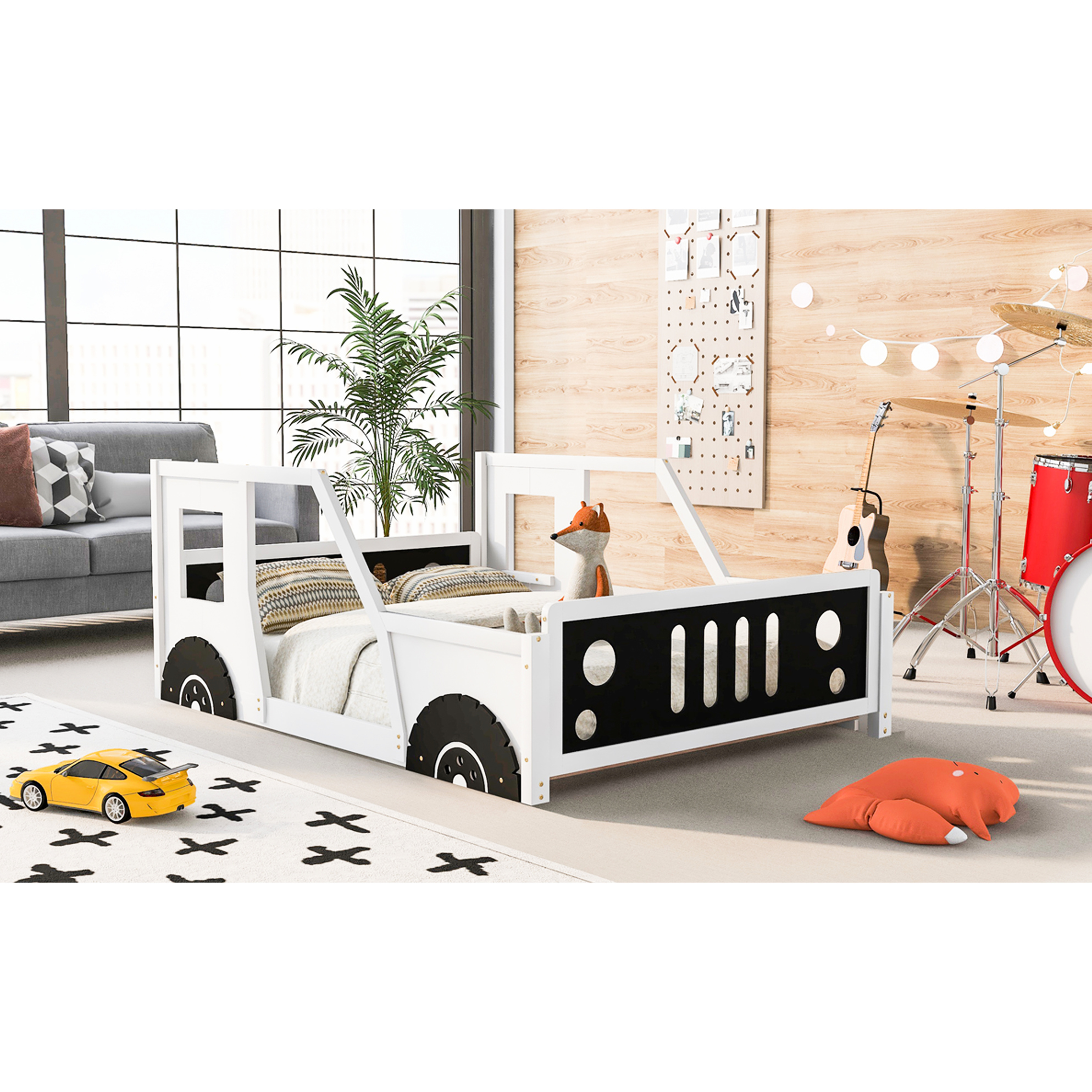 Full Size Car-shaped Platform Bed In White - Constructed With Pine Wood And For Long-term Use Classic Car Wheels, Construction