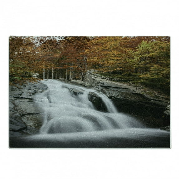 Waterfall Cutting Board, Water Falls to the Lake Through Rocks Surrounded by Fall Season Trees, Decorative Tempered Glass Cutting and Serving Board, Small Size, White Green and Orange, by Ambesonne