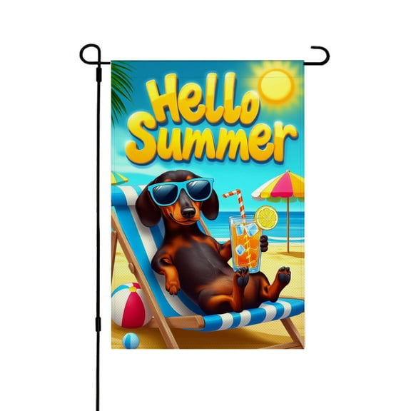 AMHNF Hello Summer Dachshund Beach Scene Linen Garden Flag for Spring Summer Home Outdoor Garden Yard Door Decor 12x18 inch