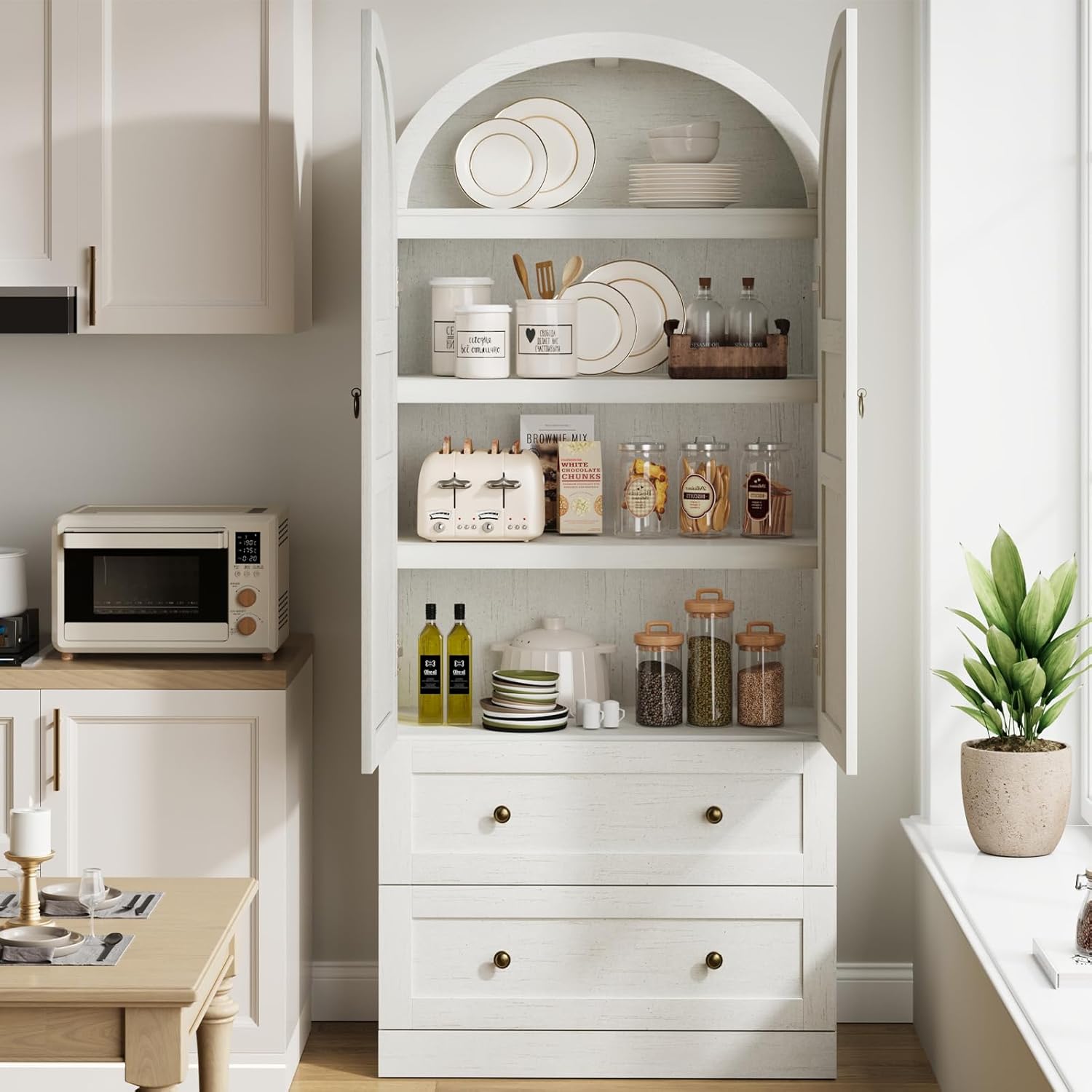 71" Tall Arched Bookcase Cabinet, Wood Arched Bookshelf with Doors & Drawers, Large Arch Display Bookcase Cabinet with Storage, Farmhouse Storage Cabinet for Office Living Room