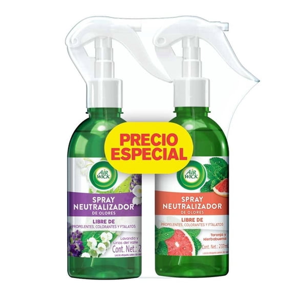 Spray Neutralizador de Olores, Air Wick®, 2 botellas, Lavanda y Lirios/ Toronja y Hierbabuena