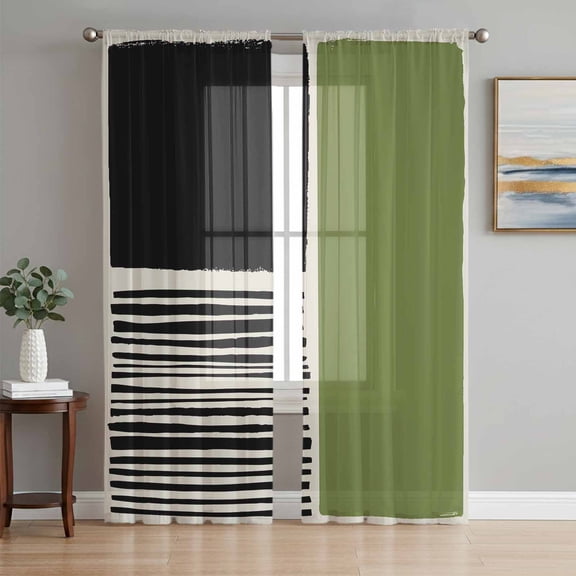 Sage Green Black Sheer Curtains 84 Inch Length 2 Panels Set Window Treatments, Farmhouse Striped Modern Abstract Art Rod Pocket Semi Curtains for Living Room/Bedroom/Kitchen Décor, 104"W x 84"L