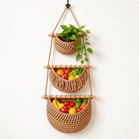 3-Tier Boho Hanging Fruit Basket, Detachable Cotton Rope Storage Baskets for Kitchen and Pantry