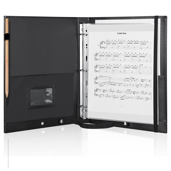 MUDOR Premium Choral Muisc Folder, PU Choir Folder with Hand Strap and Internal Retention Strap,3 Ring Black Choir Binder for Musician, Sin