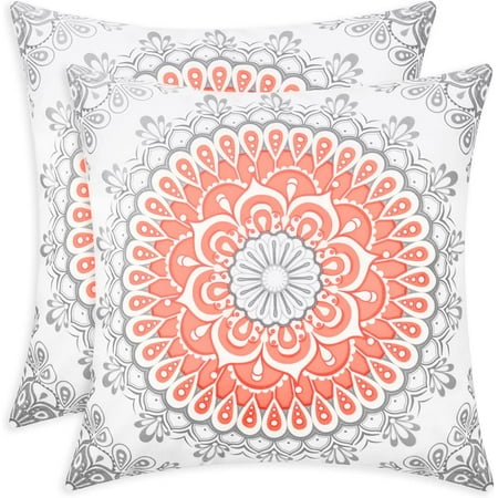 

CaliTime Throw Pillow Covers Pack of 2 Cozy Fleece Mandala Dahlia Floral Medallion Compass Style Cushion Cases for Couch Bed Sofa Farmhouse Decoration 16x16 Inches Living Coral Grey