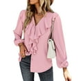 thumbnail image 1 of Blusa de manga larga con cuello en V, diseño de empalme de encaje con volantes, ajuste holgado, Color puro, Top informal para mujer para todas las estaciones, 1 of 8