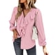 thumbnail image 1 of Blusa de manga larga con cuello en V, diseño de empalme de encaje con volantes, ajuste holgado, Color puro, Top informal para mujer para todas las estaciones, 1 of 8