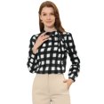 thumbnail image 1 of Camide cuadros de cuadrícucon cuello de pajaripamujer Blusas de trabajo de oficiNegro banco S, 1 of 5