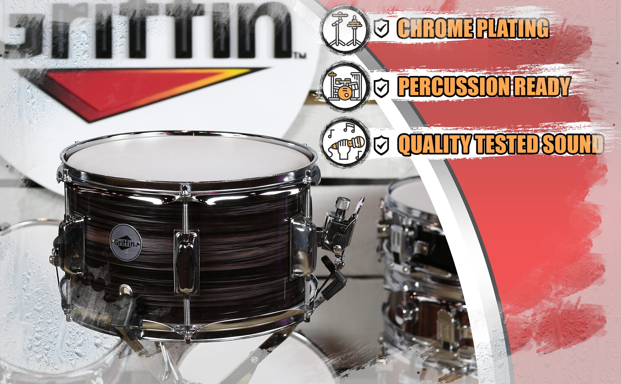 Popcorn Snare Drum by Griffin Firecracker 10" x 6" Poplar Shell with Zebra Wood PVC Soprano Concert Percussion Musical Instrument with Drummers Key and Deluxe Snare Strainer Beginner & Professional