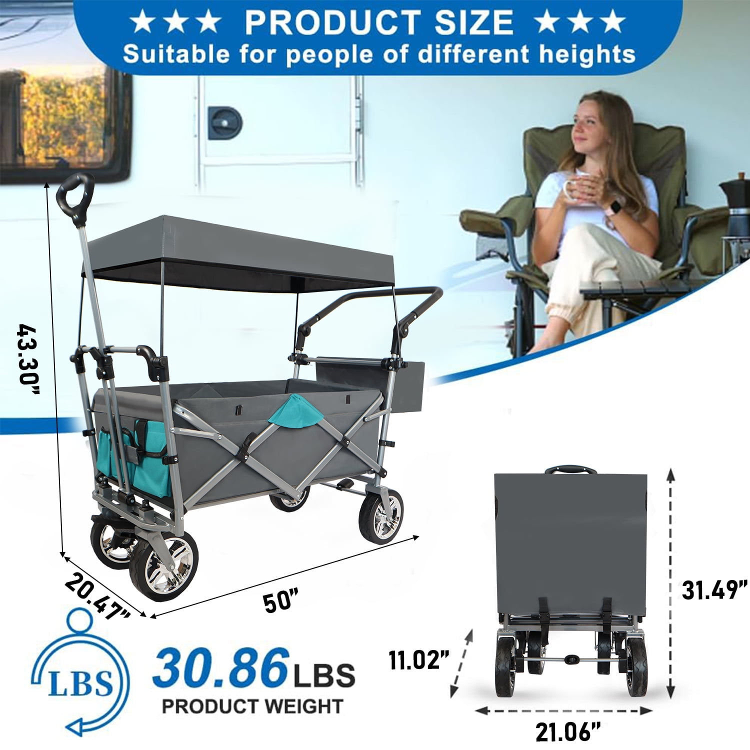 Collapsible Wagon Cart With Wheels, Foldable Utility Heavy Duty Wagons Carts With Removable Canopy, 150 Lbs Large Capacity For Grocery Sports Garden Shopping