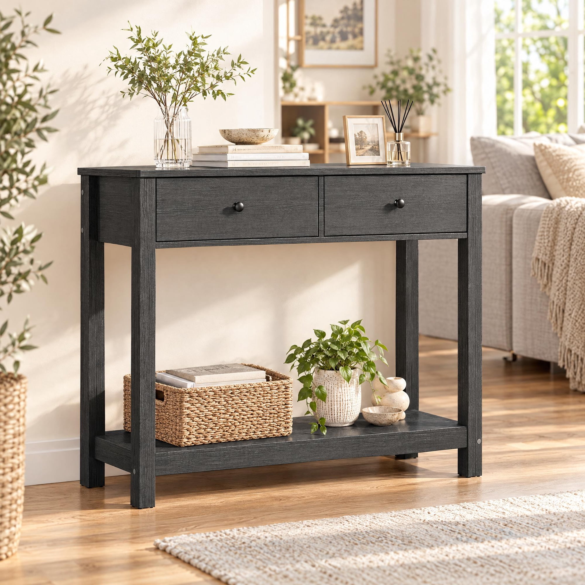 Asofer 39" Console Table with 2 Drawers, Modern Sofa Table, Narrow Wood Entryway Table for Living Room, Foyer, Black