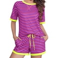 thumbnail image 5 of Women Striped Pajama Set, Soft Short Sleeve T-Shirt Drawstring Elastic Shorts with Pockets Casual Shorts Outfits Purple M, 5 of 8