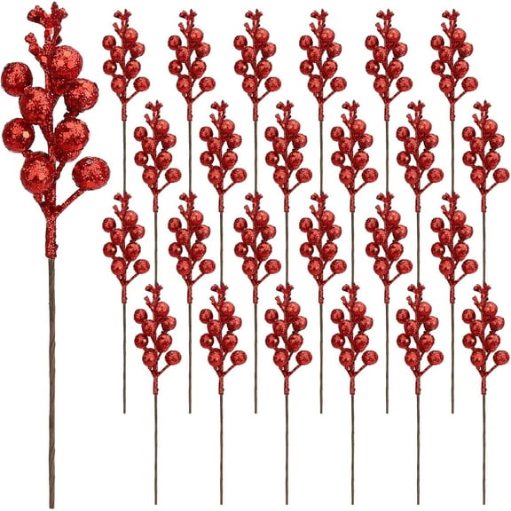 24 Pack 9 Inches Glitter Artificial Berry Stems, 15 Berries per Stem, Christmas Tree Picks Ornaments, DIY Xmas Wreath, Floral Arrangements Home Décor, Winter Wonderland Decoration