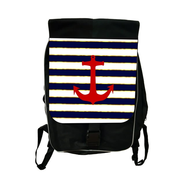 Red Anchor on Gilded Navy Stripes - Black School Backpack & Pencil Bag