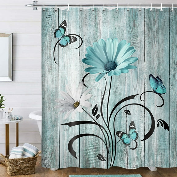 Rustic Farmhouse Floral Shower Curtain, Farm Boho Teal Daisy Spring Flowers and Butterfly on Country Wooden Shower Curtain for Bathroom, Turquoise Blue Wildflower Curtain with 12PCS Hooks, 70X70IN