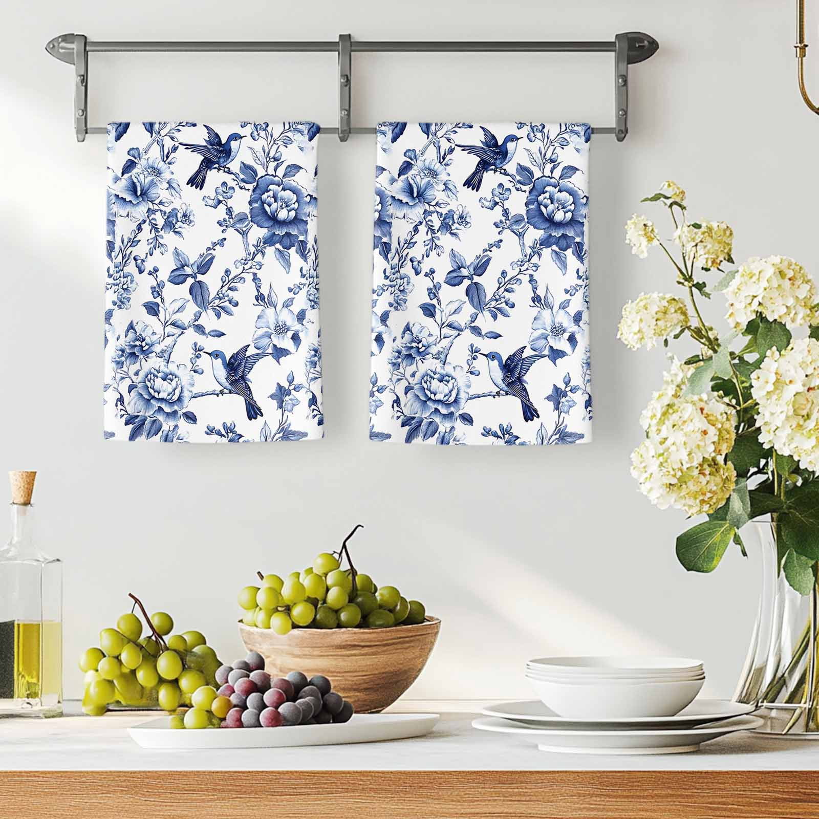 White Blue Spring Floral Kitchen Towels Set of 2, Summer Botanical Hummingbird Absorbent Dish Towels for Kitchen, Microfiber Hand Towel, Quick Drying Tea Towel for Cleaning Decorative Dishcloths