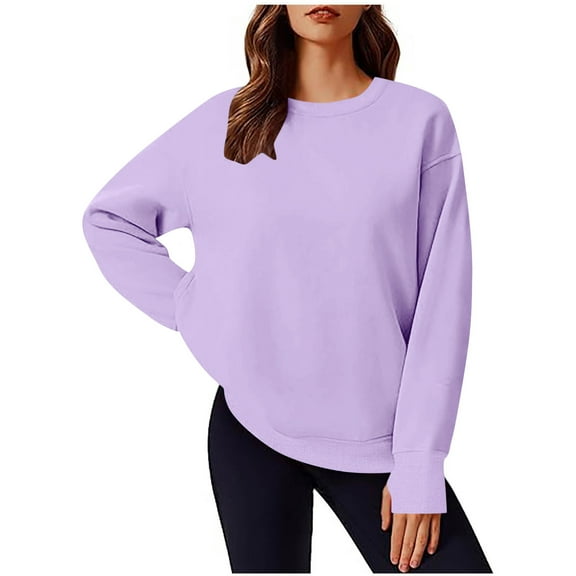 Fesfesfes Women's Fashionable Sweatshirt Casual Solid Color Long Sleeved Round Neck Blouses Fall Winter Indoor Daily Office Wearing(Purple,S)