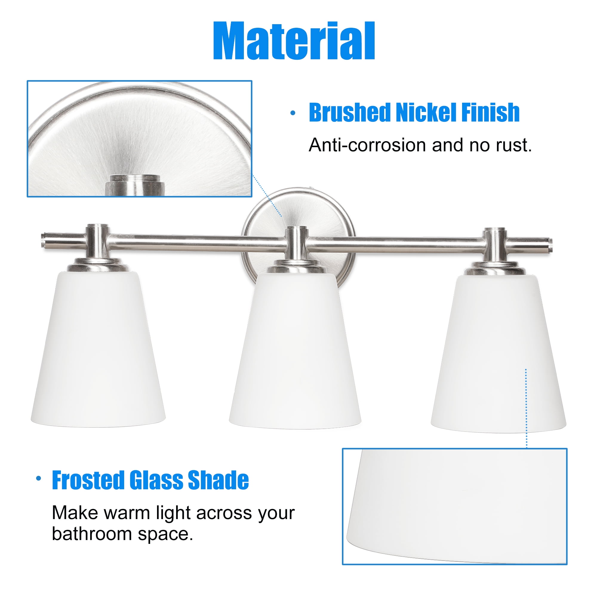 Lucere 3-Light Bathroom Vanity Lighting, 20.25” Contemporary Wall Light with Frosted Glass Shade, Brushed Nickel Finish, E26 Bulb Base (Bulb Not Included)