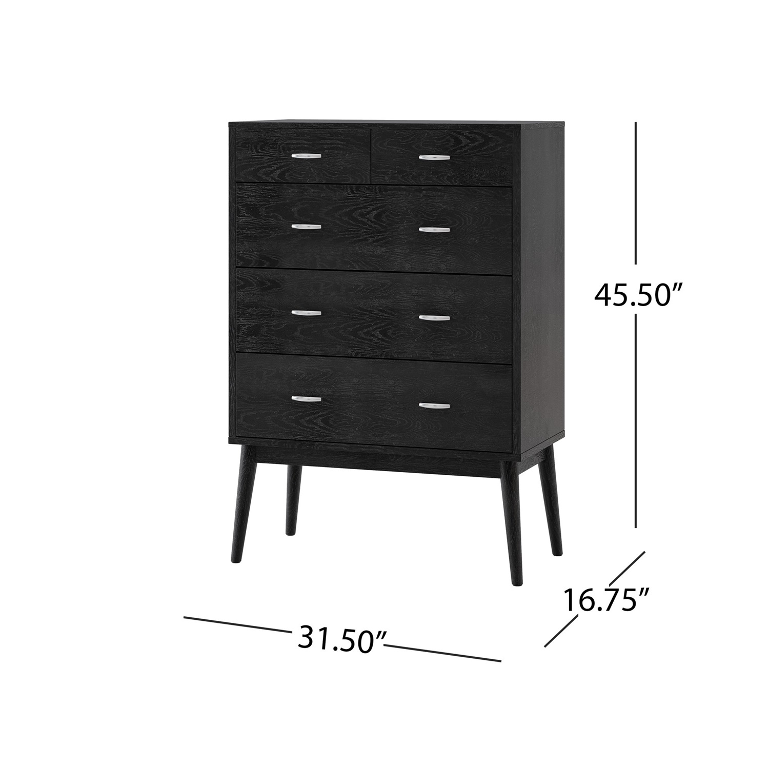 Kadyn 5 Drawer Dresser, Drawer Chest for Bedroom, Mid Century Modern Dresser with Drawer, Black