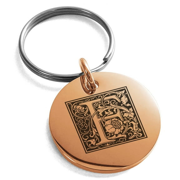 Stainless Steel Letter F Initial Floral Box Monogram Engraved Small Medallion Circle Charm Keychain Keyring