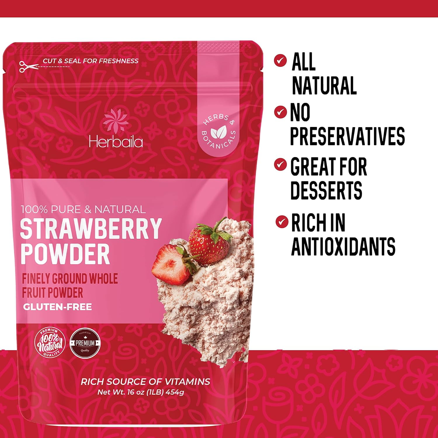 Herbaila Freeze-Dried Strawberry Powder 16oz – All Natural, No Sugar Added, Non-GMO, Gluten-Free, 1LB