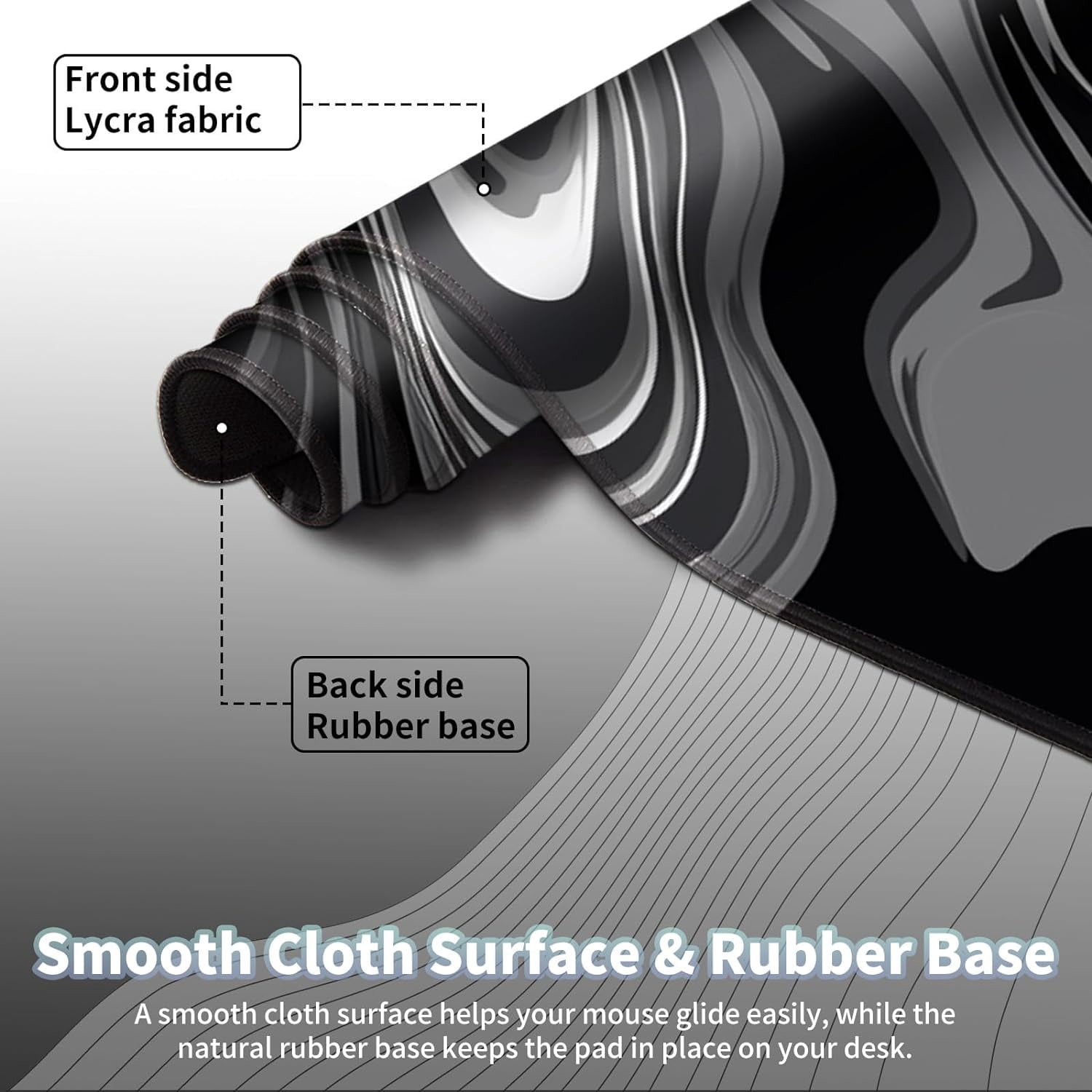 Gaming Mouse Pad, Keyboard Mouse Pad 31.5x15.7 inch XXL Large Computer Laptop Cool Desk Mat with Non-Slip Rubber Base and Stitched Edge for Home Office Work, Black Grey Swirling Liquid