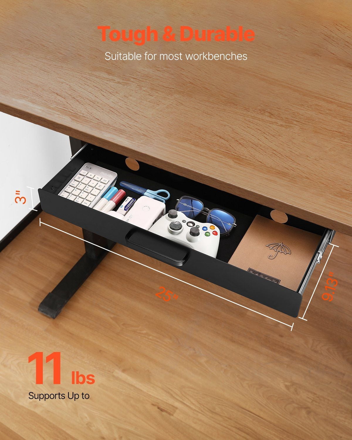 22 Heavy Duty Under Desk Drawer Organizer – Space-Saving Slide-Out Storage for Home & Office (Sturdy Steel, Quiet Ball Bearings)