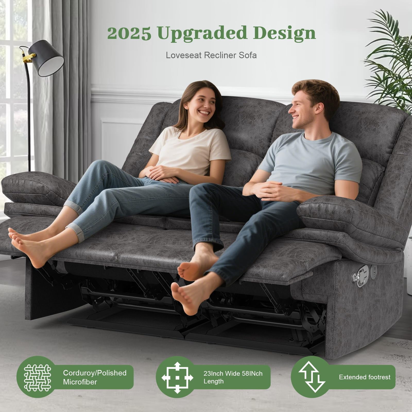 LOBERFVE Loveseat Recliner,  Double Reclining Sofa with Mobile Phone Holder and USB Port, 2 Seater Recliner Chair for Living Room, Home Theater, RV, Gray