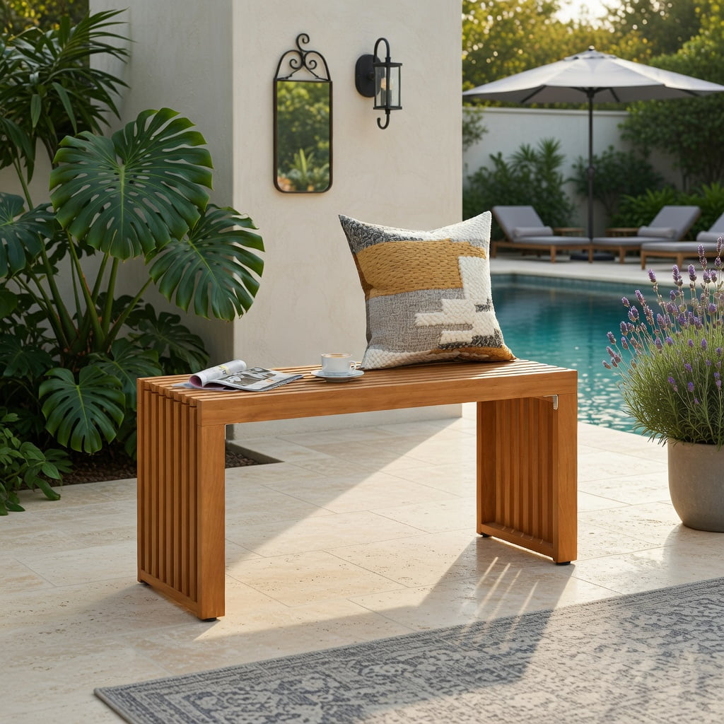 Hommoo 36" Acacia Wood Outdoor Patio Bench, Teak Finish Slatted Loveseat for Backyard, Poolside & Porch, Natural