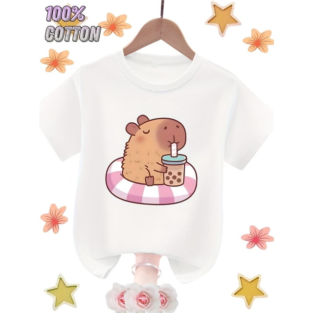 Youngsters' 100% Cotton T-Shirt with Cute Capybara Design, Breathable & Comfortable for Casual Wear, Round Neck Short Sleeve, Machine Washable, Youngsters T Shirts