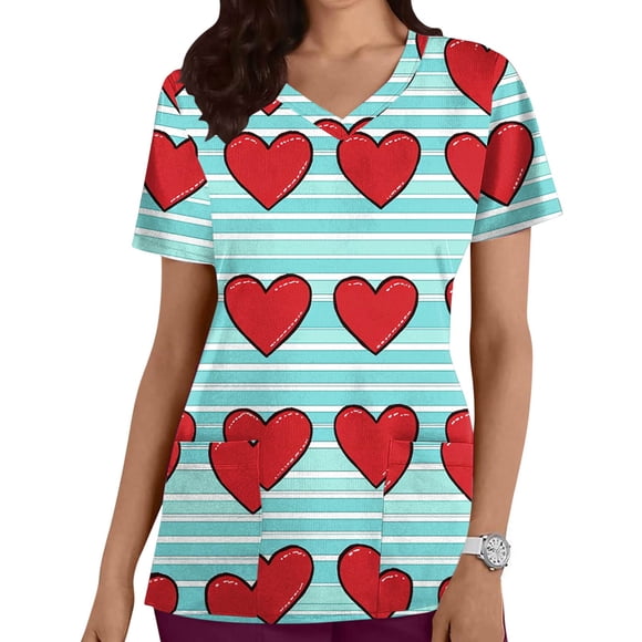 SBYOJLPB Womens Nursing Scrub Top with Pockets Love Printed V Neck Short Sleeve Uniform Shirt for Valentines Day