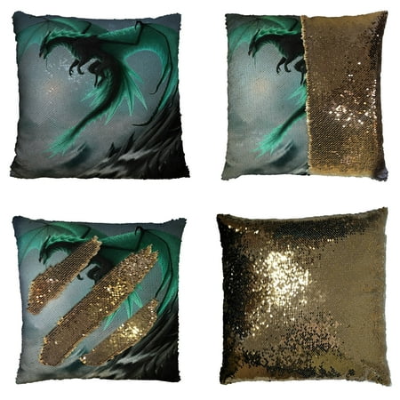 GCKG Flying Dragon Pattern Reversible Mermaid Sequin Pillow Case Home Decor Cushion Cover 16x16