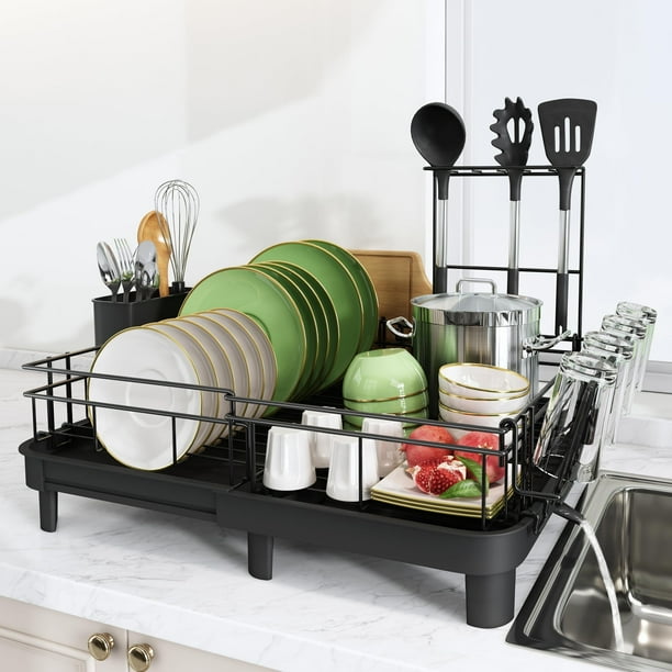 Escurridor de Trastes Extensible, Escurridor de Platos Acero Inoxidable Grande con Soporte para Copas, Utensilios, Soporte para Espátula, Negro, Longitud 32.5-52 cm