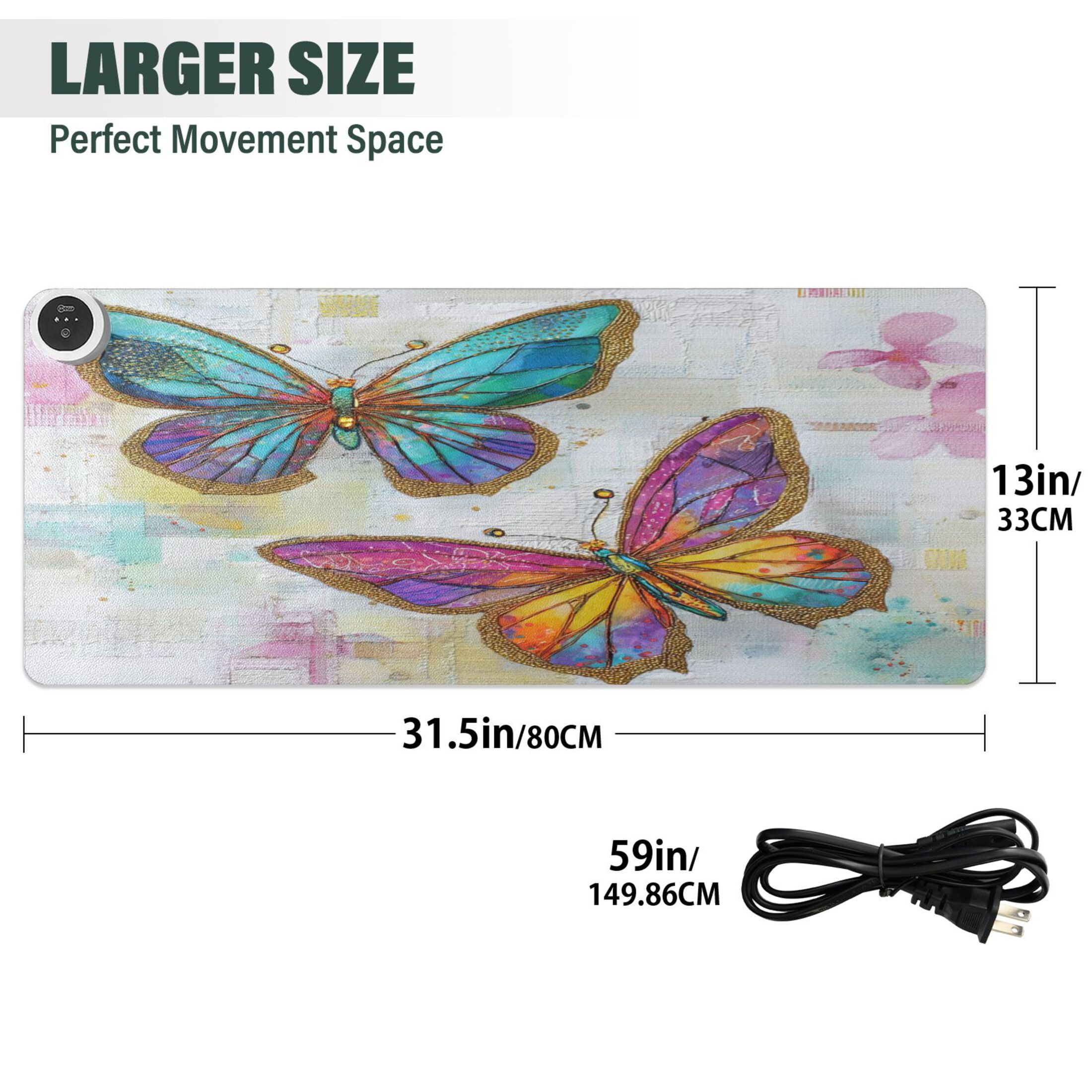 Wobogo Artistic Butterfly Heated Mouse Pad Extra-Large Desk Mat With 3 Heating Levels and 3-hour Auto Shut-Off Protection Ideal for Computer Keyboards Home Office Hand-warming Essential 31.5in × 13in