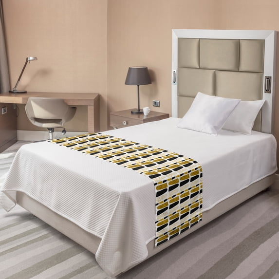 Abstract Bed Runner, Tricolor Vertical Stone Like Motifs Rhythmic Print, Decorative Accent Bedding Scarf for Hotels Homes and Guestrooms, Twin, Coffee Grey, by Ambesonne