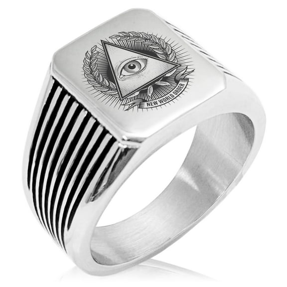 Stainless Steel All Seeing Eye New World Order Needle Stripe Pattern Biker Style Polished Ring